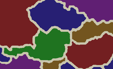 Mapa que muestra regiones sencillas con colores de fondo oscuros y un borde claro entre las regiones.