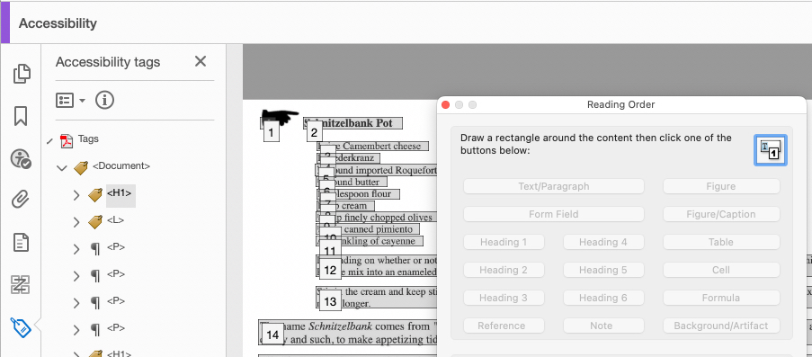 Una página convertida y etiquetada en Acrobat Pro que muestra una receta de queso. El nombre de la receta es un encabezado de primer nivel y los ingredientes son una lista.