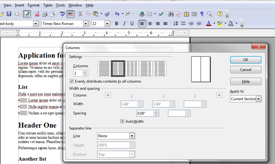 La herramienta Columnas de OpenOffice.org Writer. Está seleccionada la opción Dos para maquetar la página en dos columnas.