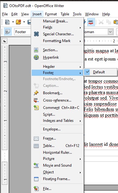 Opción de menú Insertar pie de página de OpenOffice.