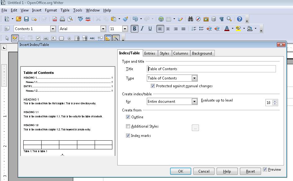 Captura de pantalla del cuadro de diálogo Insertar índice/tabla en OpenOffice.org Writer.