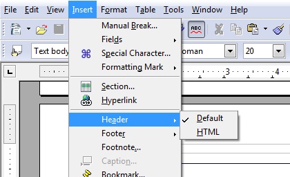Herramientas de encabezado y pie de página en OpenOffice Writer.