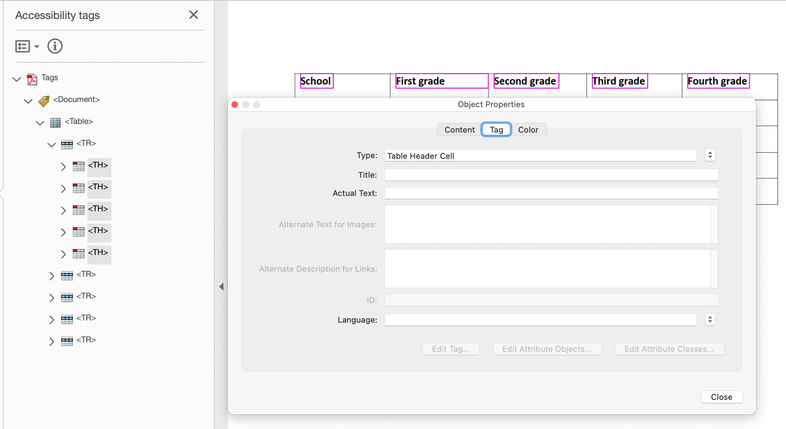 Tabla en Adobe Acrobat Pro que muestra el uso del cuadro de diálogo Propiedades de etiqueta para cambiar celdas de datos por celdas de encabezado