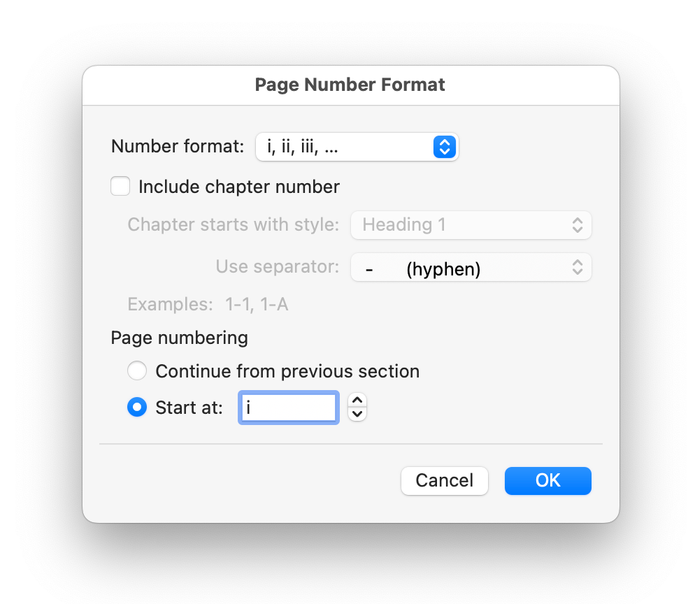 El cuadro de diálogo Formato de los números de página de Word, que especifica numeración de páginas con números romanos en minúscula.