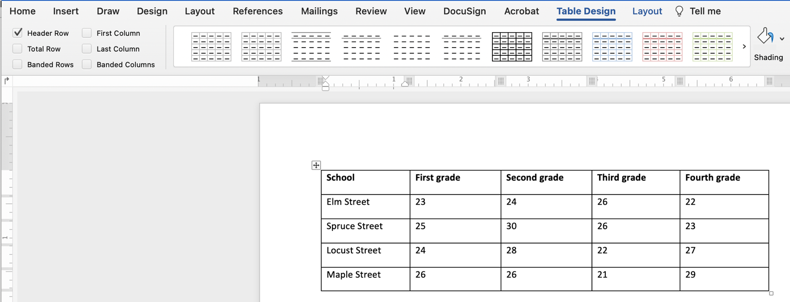 La sección Diseño de tabla de Word, con la casilla Fila de encabezado marcada para garantizar que la primera fila se marca como celdas de encabezado.