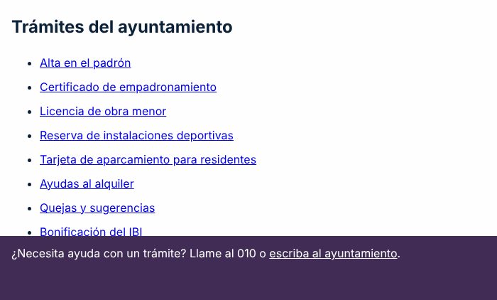 Captura de pantalla del ejemplo incorrecto: Barra fija inferior que tapa el enlace con el foco