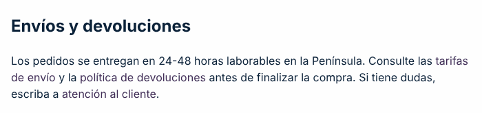 Captura de pantalla del ejemplo incorrecto: Enlaces sin subrayado y de color casi igual al texto