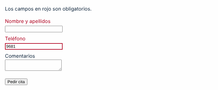 Captura de pantalla del ejemplo incorrecto: Obligatorio y error indicados solo con rojo