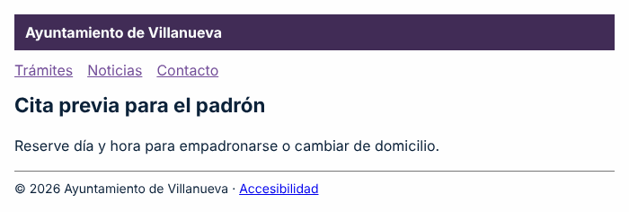 Captura de pantalla del ejemplo incorrecto: Plantilla maquetada solo con div