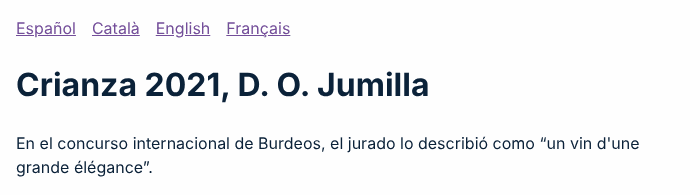 Captura de pantalla del ejemplo incorrecto: Selector de idiomas y cita en francés sin lang