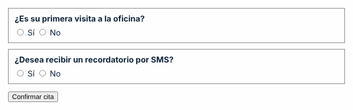 Captura de pantalla del ejemplo incorrecto: Preguntas en párrafos sueltos